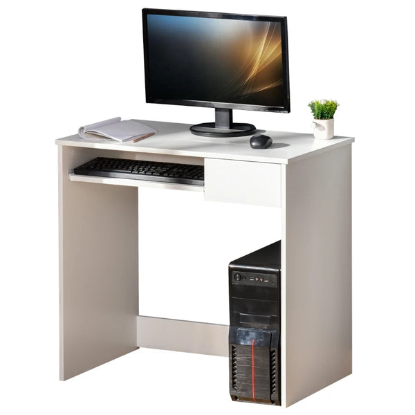 White Compact Computer Desk with Keyboard Tray - Study Office Desk