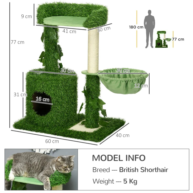 Green Cat Tree with Leaves, Scratching Posts, Hammock - 77cm