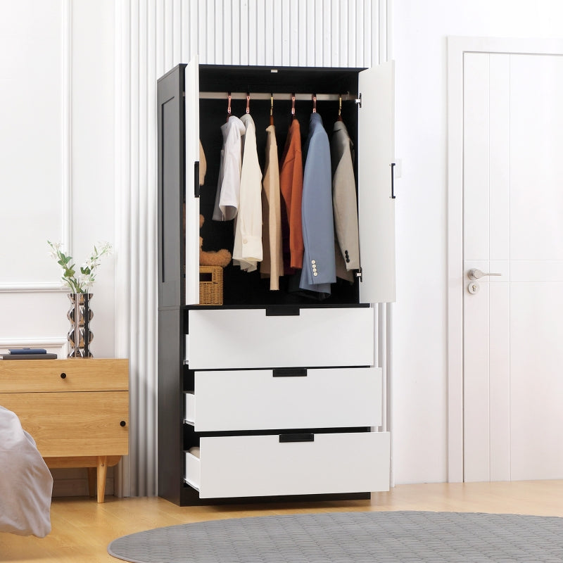 Black Modern 2-Door Wardrobe with 3 Drawers and Hanging Rod