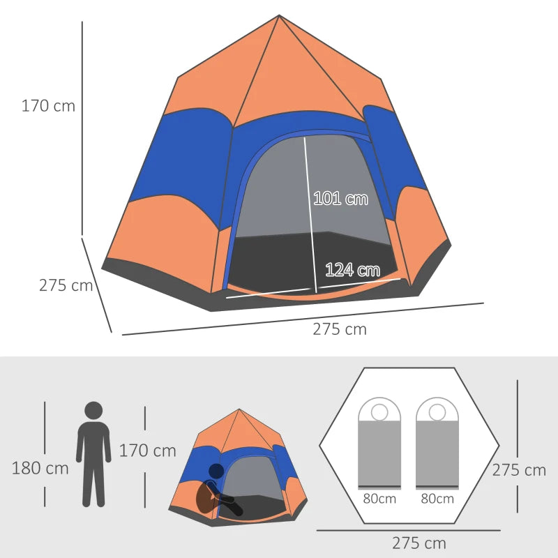 Hexagon Double Layer Dome Tent, 4-Person Pop Up Camping Shelter, Orange/Blue