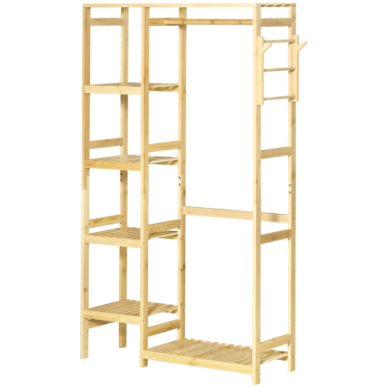 Natural Bamboo Garment Rack with Storage Shelf and Hanging Rail