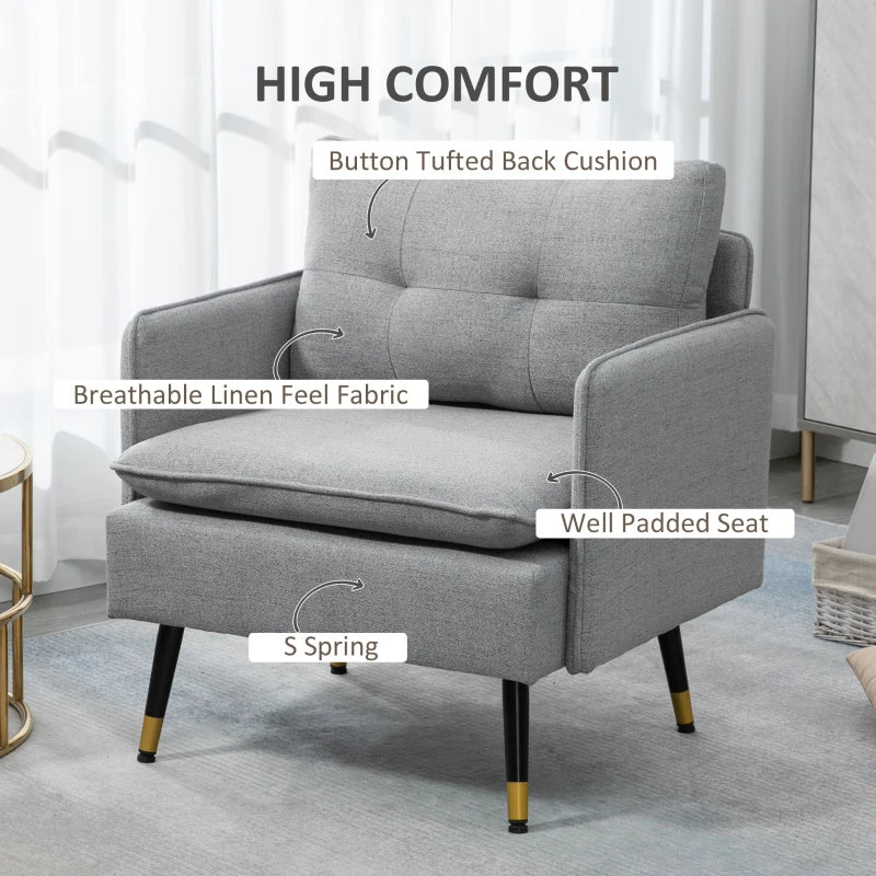 Grey Button Tufted Accent Chair for Living Room and Bedroom