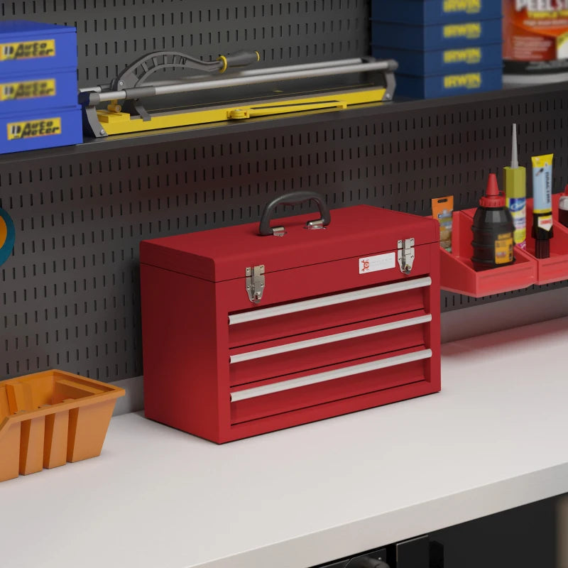 Red 3-Drawer Lockable Metal Tool Box with Handle and Ball Bearing Runners