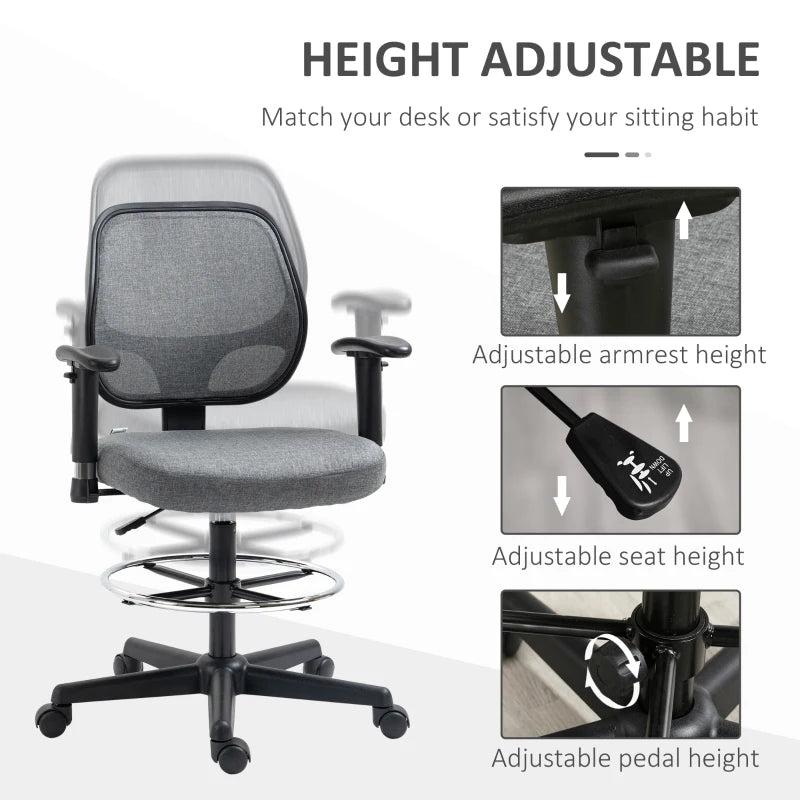 Grey Ergonomic Drafting Office Chair with Adjustable Height and Foot Ring