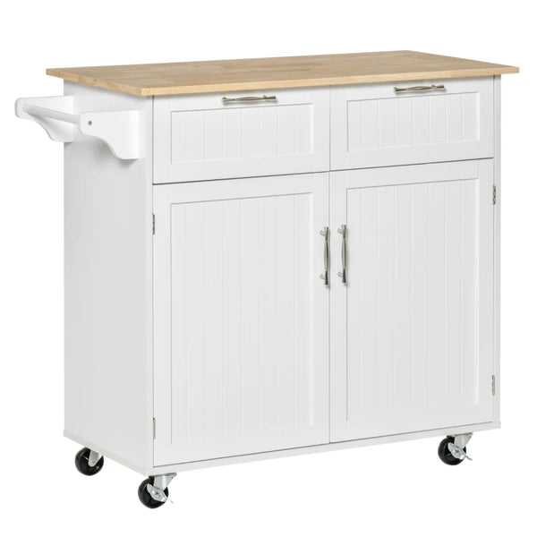 White Modern Kitchen Island Cart with Rubberwood Top and Drawers
