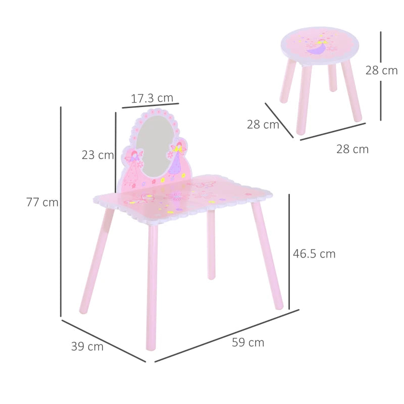 Kids Pink Wooden Dressing Table Set with Mirror & Stool