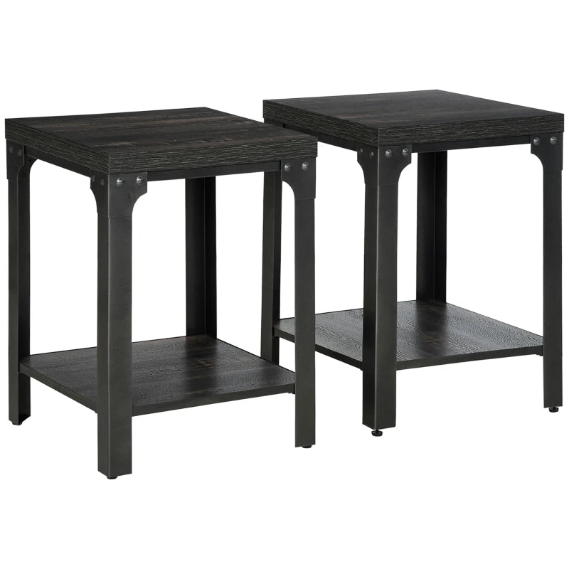 Dark Walnut Industrial Side Table Set of 2 with Storage Shelf