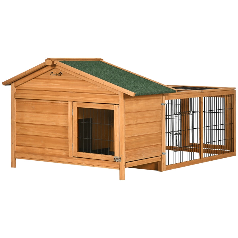 Wooden Outdoor Rabbit Hutch with Run & Lockable Door - Brown