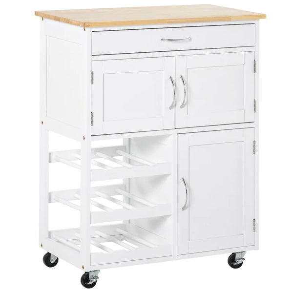 White Kitchen Trolley with Wine Rack and Storage
