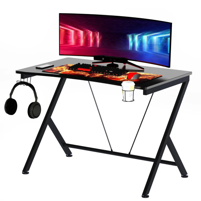 Black Gaming Desk with Cup Holder and Headphone Hook