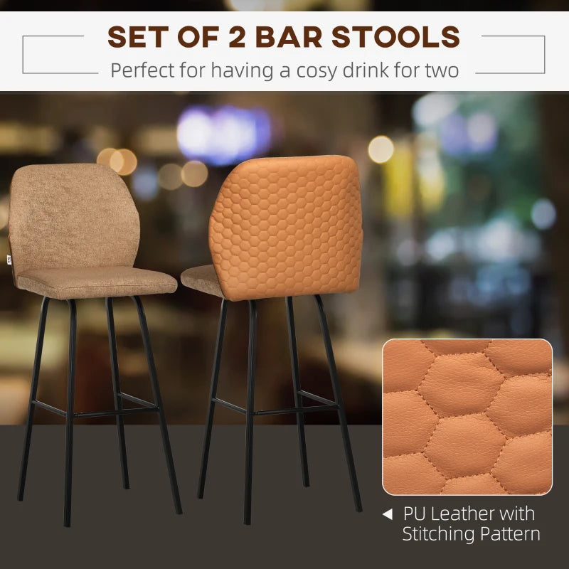 Light Brown Linen Upholstered Bar Stools Set of 2 with Backs