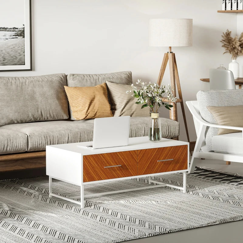 Brown Rectangular Coffee Table with Drawers and Metal Legs