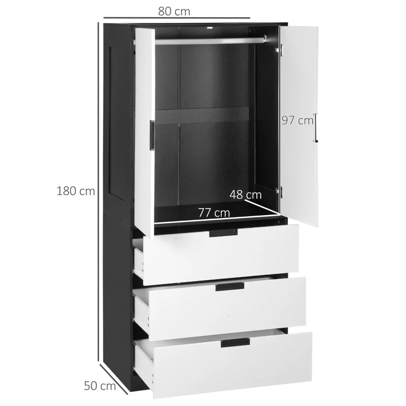 Black Modern 2-Door Wardrobe with 3 Drawers and Hanging Rod