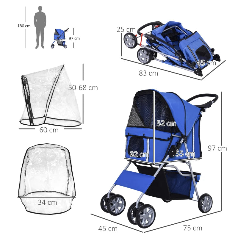 Blue Dog Stroller with Rain Cover for Small Dogs