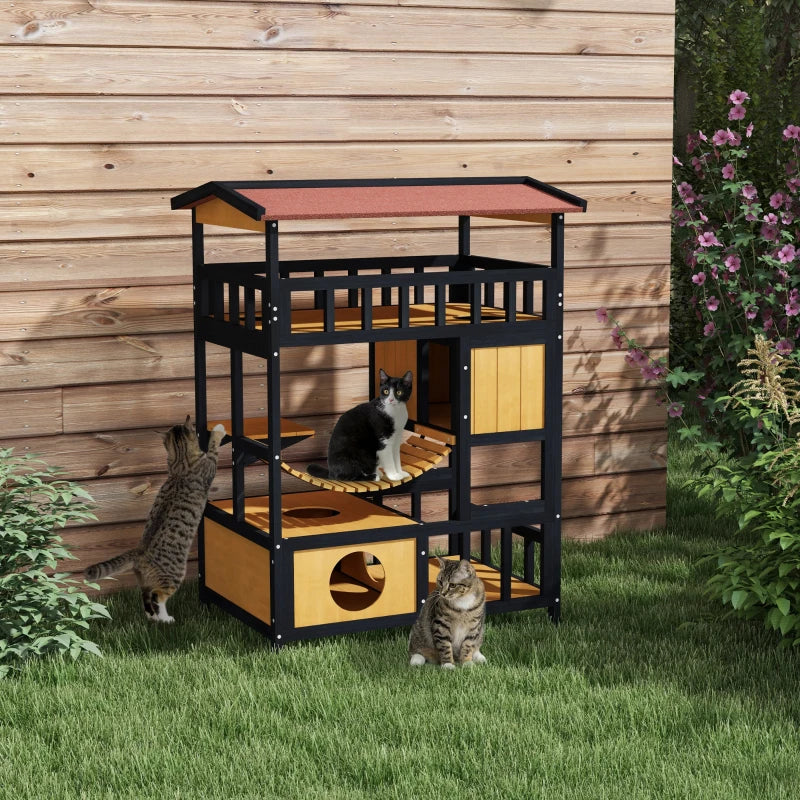 Wooden Cat House with Bridge & Balcony - 4-Tier Outdoor Design