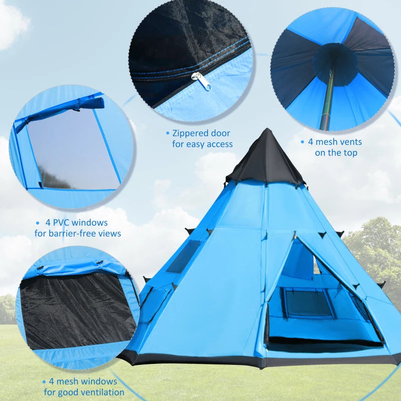 Blue 6-Person Teepee Camping Tent with Mesh Windows and Carry Bag