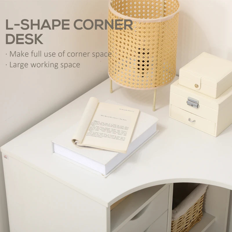 White L-Shaped Computer Desk with Drawers and Storage Compartments