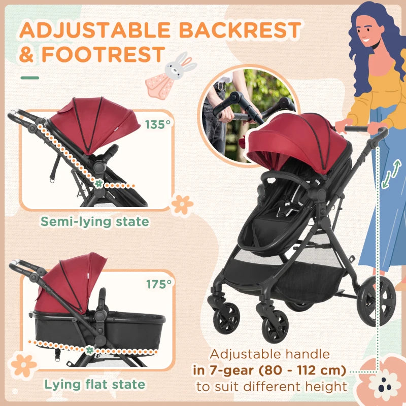 Red Foldable Baby Stroller with Reclining Backrest and Adjustable Canopy