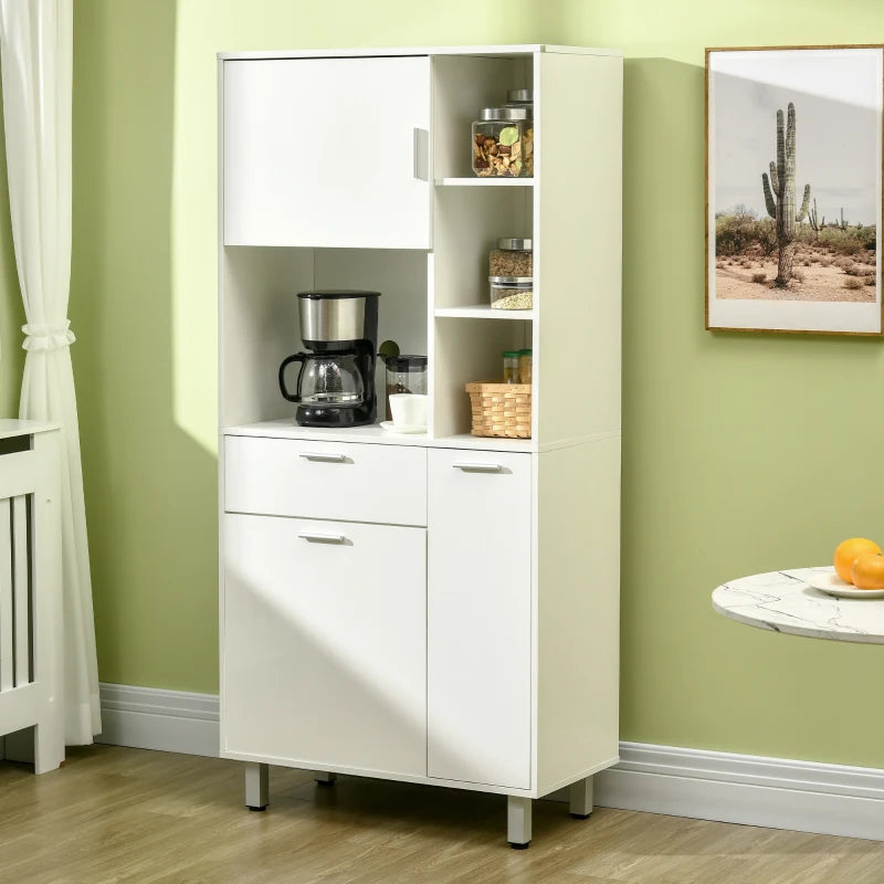 White Kitchen Storage Cabinet with Shelves and Drawer, 166 cm