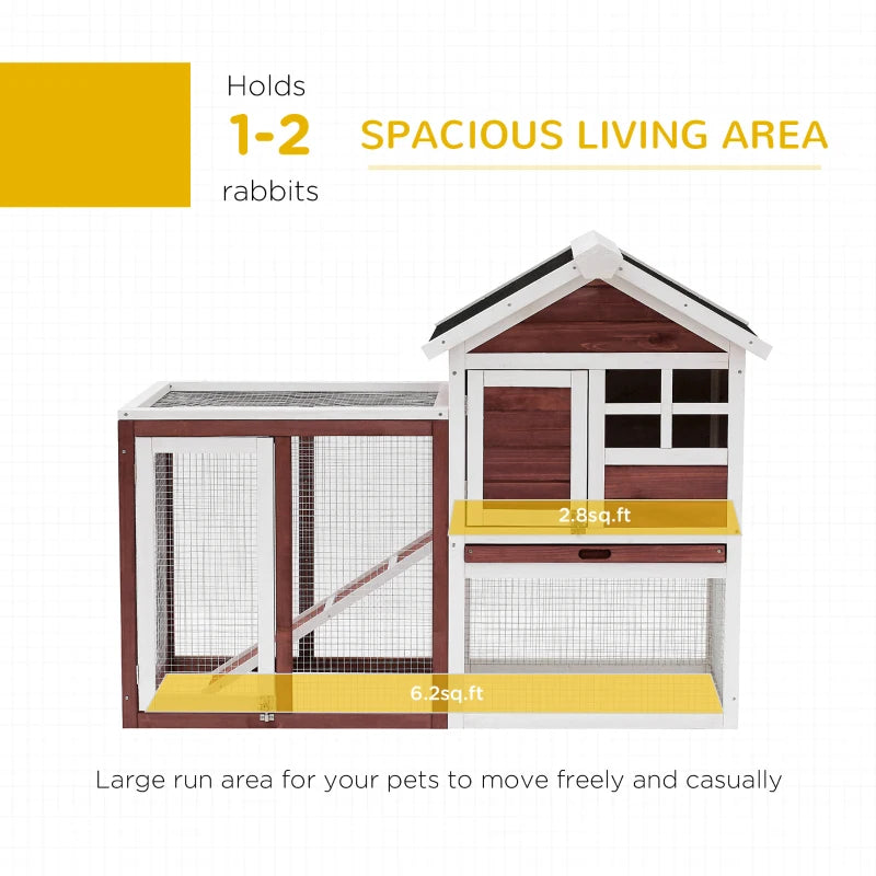 Brown 2-Tier Wooden Rabbit Hutch with Run and Sliding Tray, 122 x 62.6 x 92cm