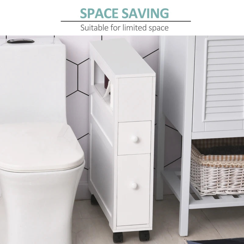 White Slim Bathroom Storage Cart with 2 Drawers & Wheels