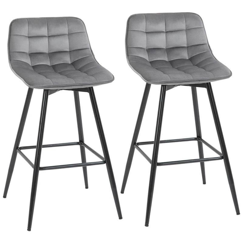 Grey Velvet Bar Stool Set - 2 Upholstered Kitchen Counter Chairs