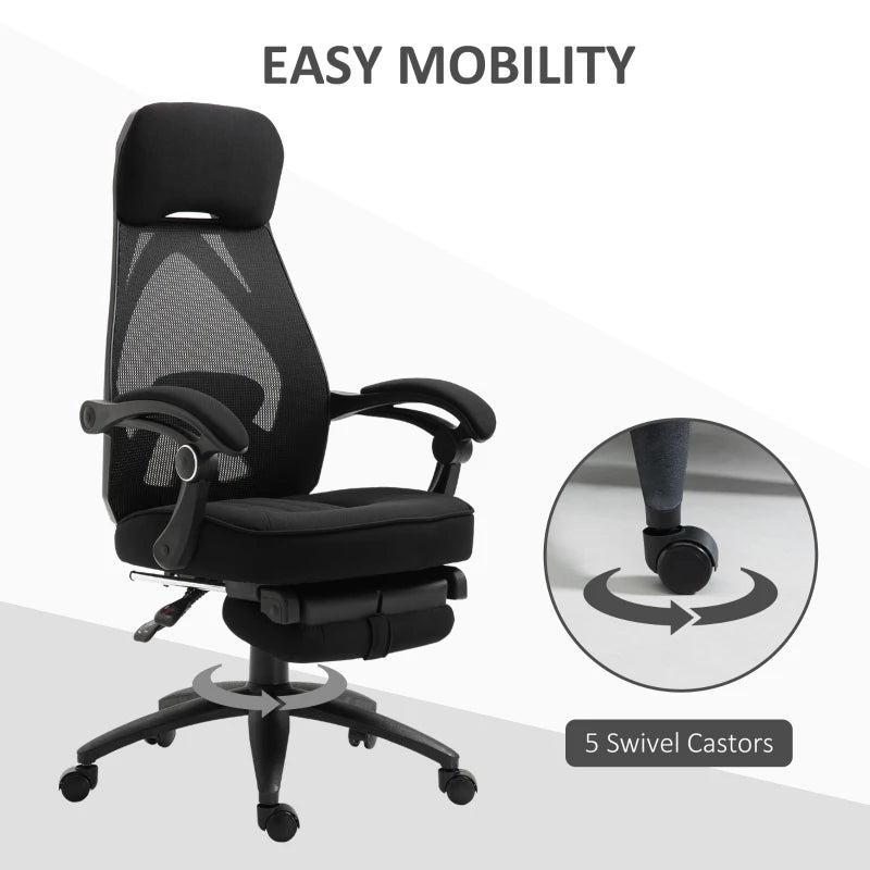 Black Mesh Office Chair with Footrest - High Back Recliner