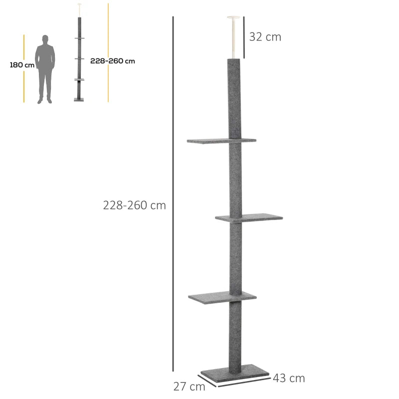 Grey 260cm Cat Tree with 3 Perches -  Floor-to-Ceiling Activity Center