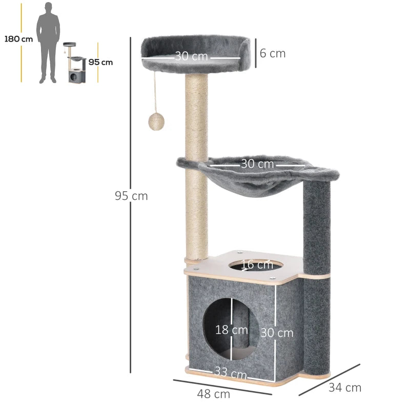 Grey Cat Climbing Tower with Scratching Post & Hammock