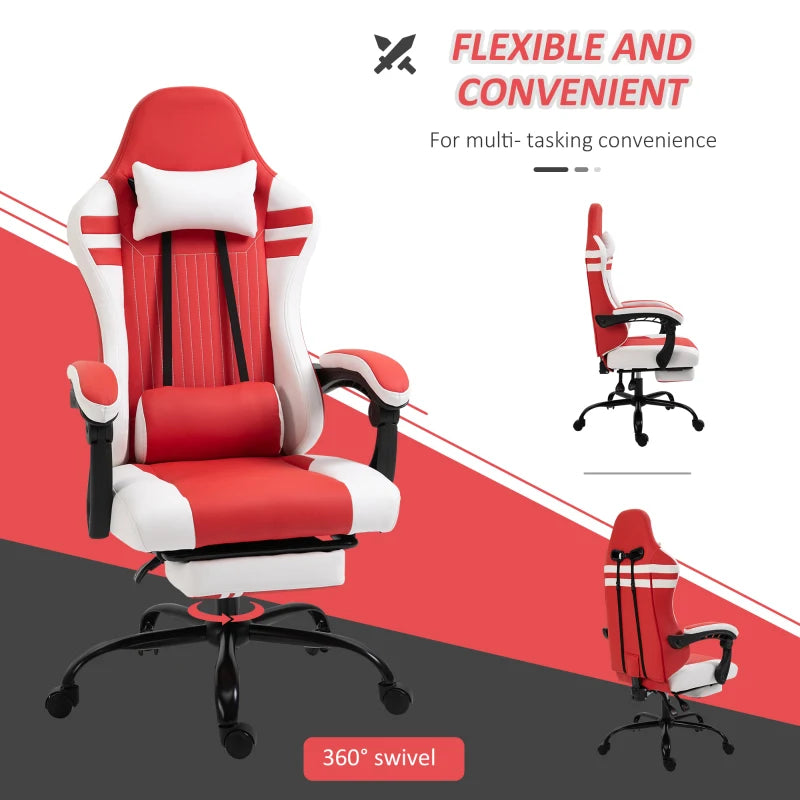 Red White Gaming Chair with Headrest, Footrest, Wheels - Adjustable Height