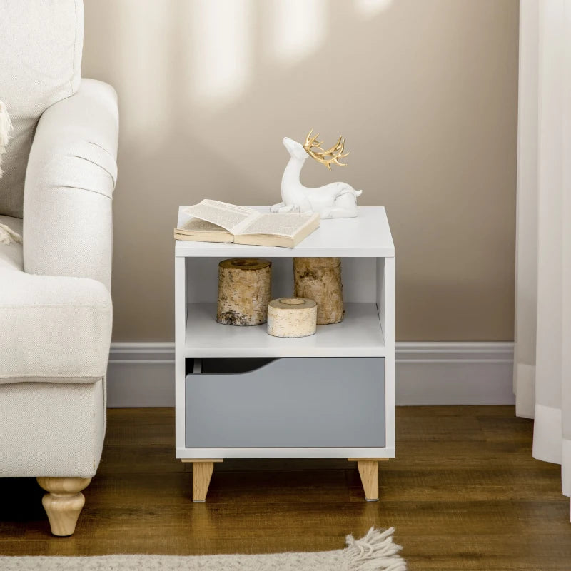 Modern White and Grey Bedside Table with Drawer and Shelf