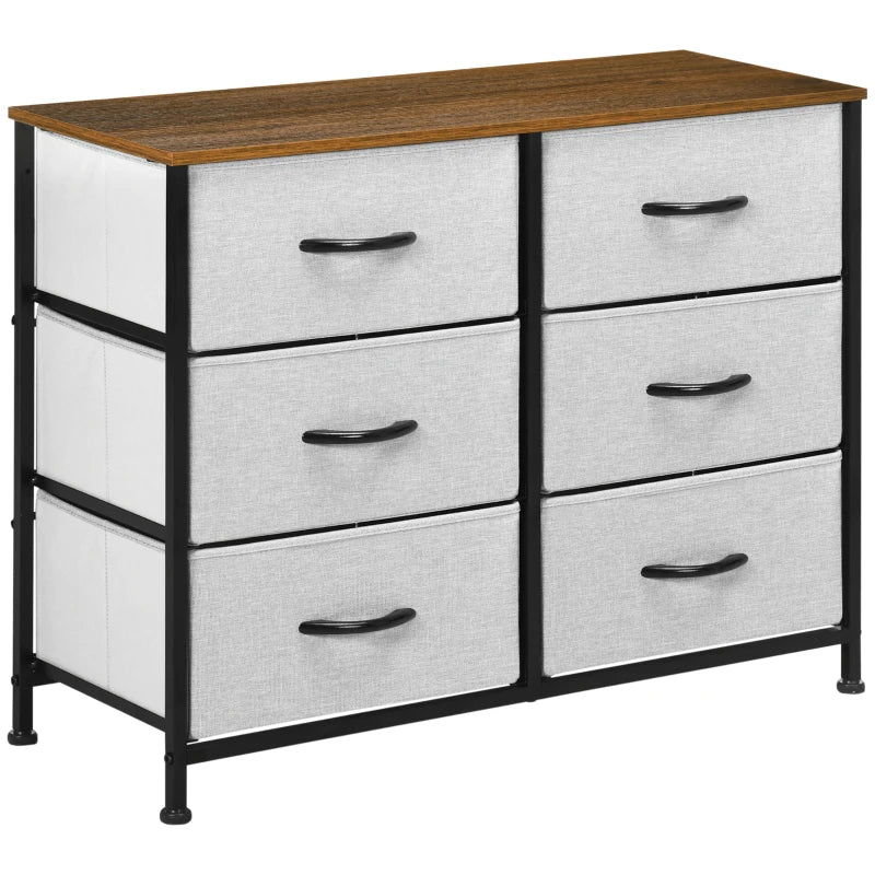 Grey Fabric 6-Drawer Industrial Dresser with Steel Frame and Wooden Top