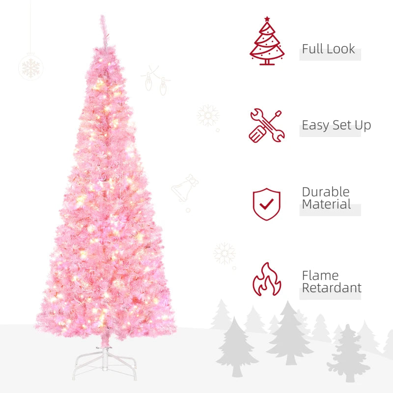 6FT Pink Pre-lit Pencil Slim Christmas Tree with Warm White LED Lights