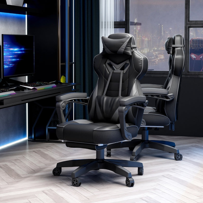 Grey Gaming Chair with Lumbar Support, Footrest, and Headrest