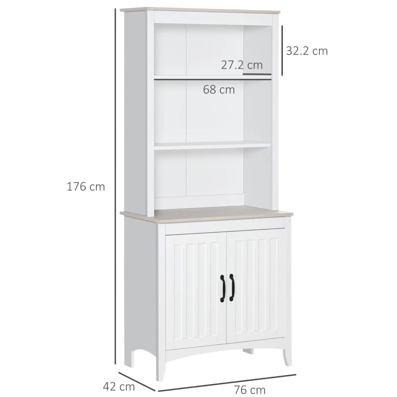 White Tall Kitchen Cupboard with 3 Open Shelves and Double Door Cabinet