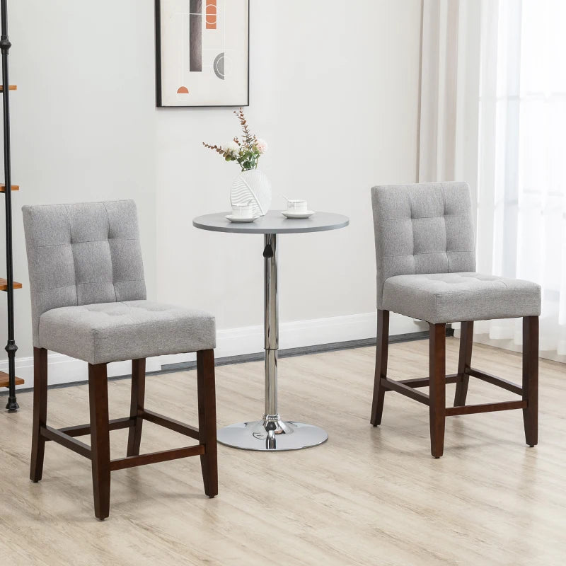 Grey Fabric Bar Stools Set of 2, Tufted Back, Wood Legs