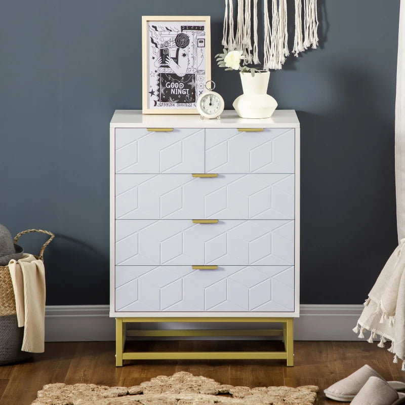 5-Drawer Modern White Chest of Drawers with Golden Steel Base