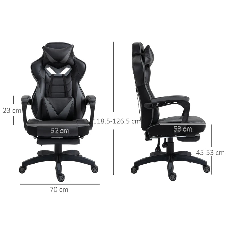 Grey Gaming Chair with Lumbar Support, Footrest, and Headrest