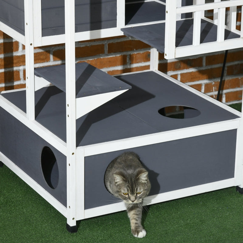 Grey Wooden 3-Tier Outdoor Cat House with Tilted Roof and Waterproof Paint