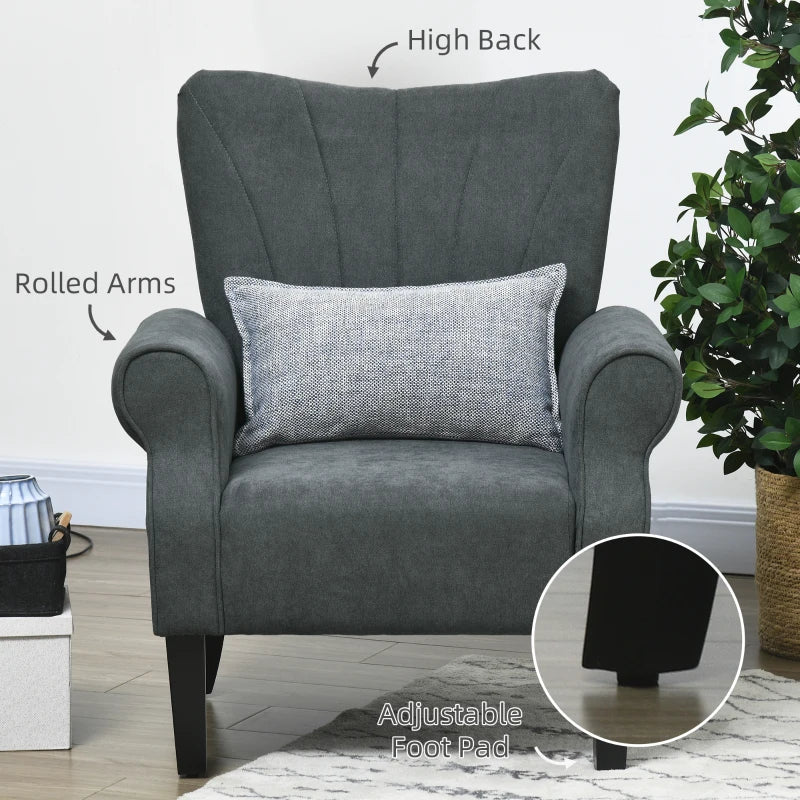 Grey Upholstered High Back Accent Chair with Rolled Arms and Wood Legs