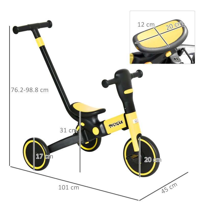 Yellow 4-in-1 Kids Tricycle with Adjustable Push Handle