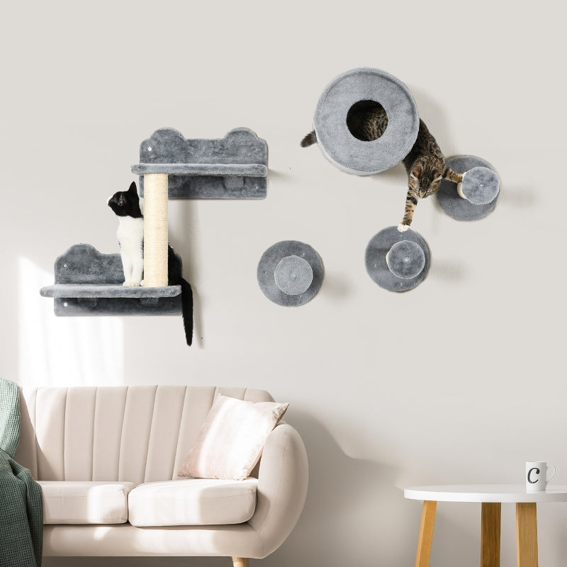 Modern Grey Cat Wall Set with Perch, House & Scratching Post