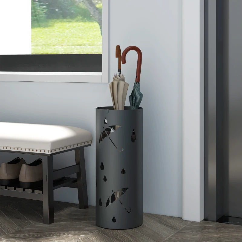 Dark Grey Freestanding Umbrella Holder with Hooks and Drip Tray