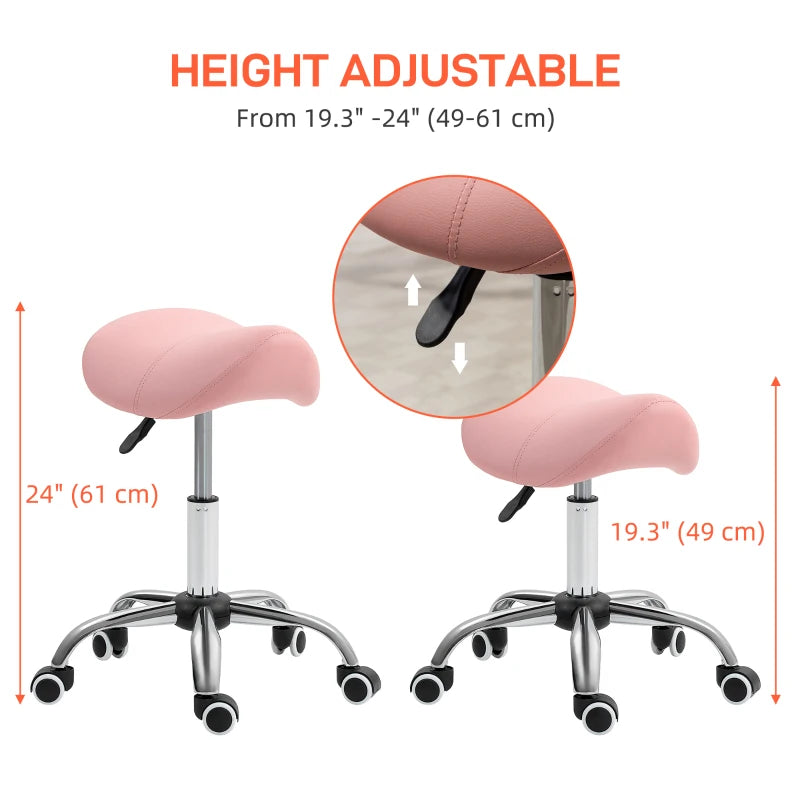 Height Adjustable Pink Salon Saddle Stool, Faux Leather