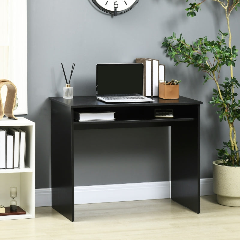 Black Wood Grain Small Home Office Desk with Storage Shelf, 90 x 50cm