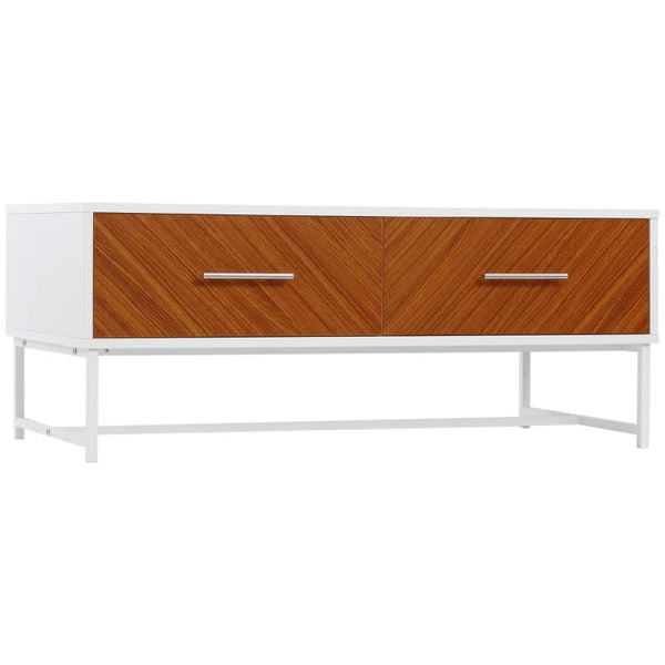 Brown Rectangular Coffee Table with Drawers and Metal Legs