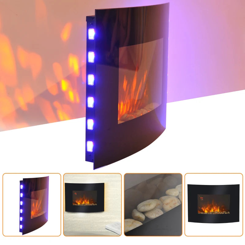 Curved Glass Electric Fireplace with 7 Colour Side Lights, 900/1800W, 65cm x 52cm