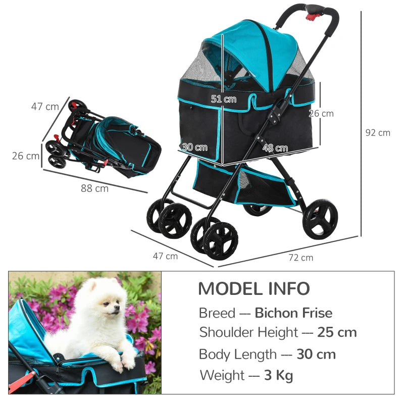 Foldable Pet Stroller with Adjustable Canopy - Blue