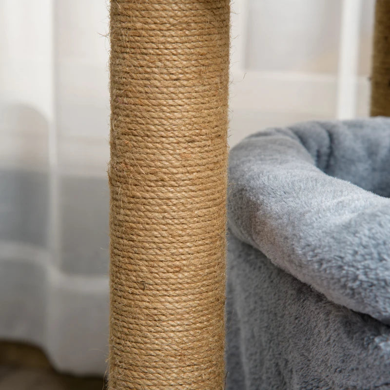 Grey Cat Tree Tower with Scratching Post and Interactive Toy - 48 x 48 x 84cm