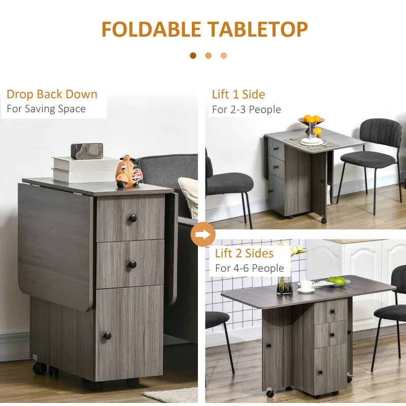 Grey Folding Dining Table with Storage Drawers and Wheels